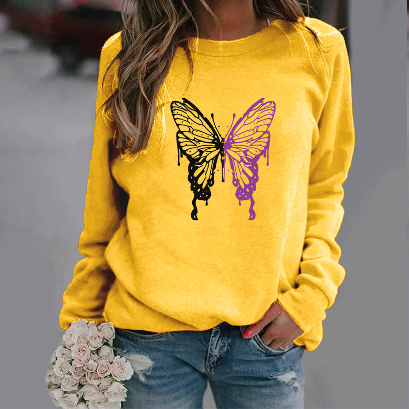 Fashion Colorized Butterfly Round Neck Sweater Printed Sports Top S.W.