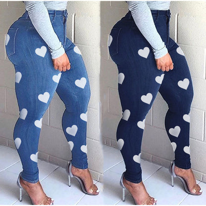 Women's Plus size Heart Print Skinny Distressed Stretchy Jeans Mom Vintage Streetwear