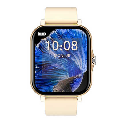 a smart watch with a gold case and white band