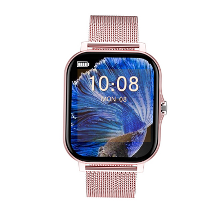 a pink watch with a blue flower on it