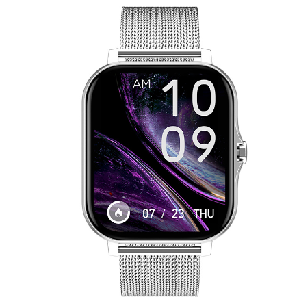 a smart watch with a silver mesh band