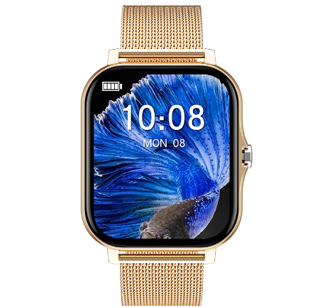 an apple watch with a gold mesh band