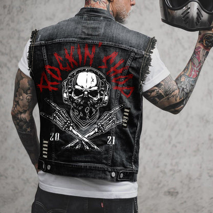 S.M.  Punk Skull Bones Denim Locomotive Turn-down Collar vest