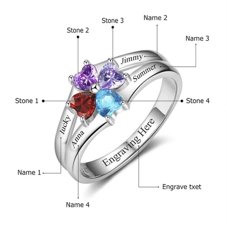 a personalized ring with three hearts and names