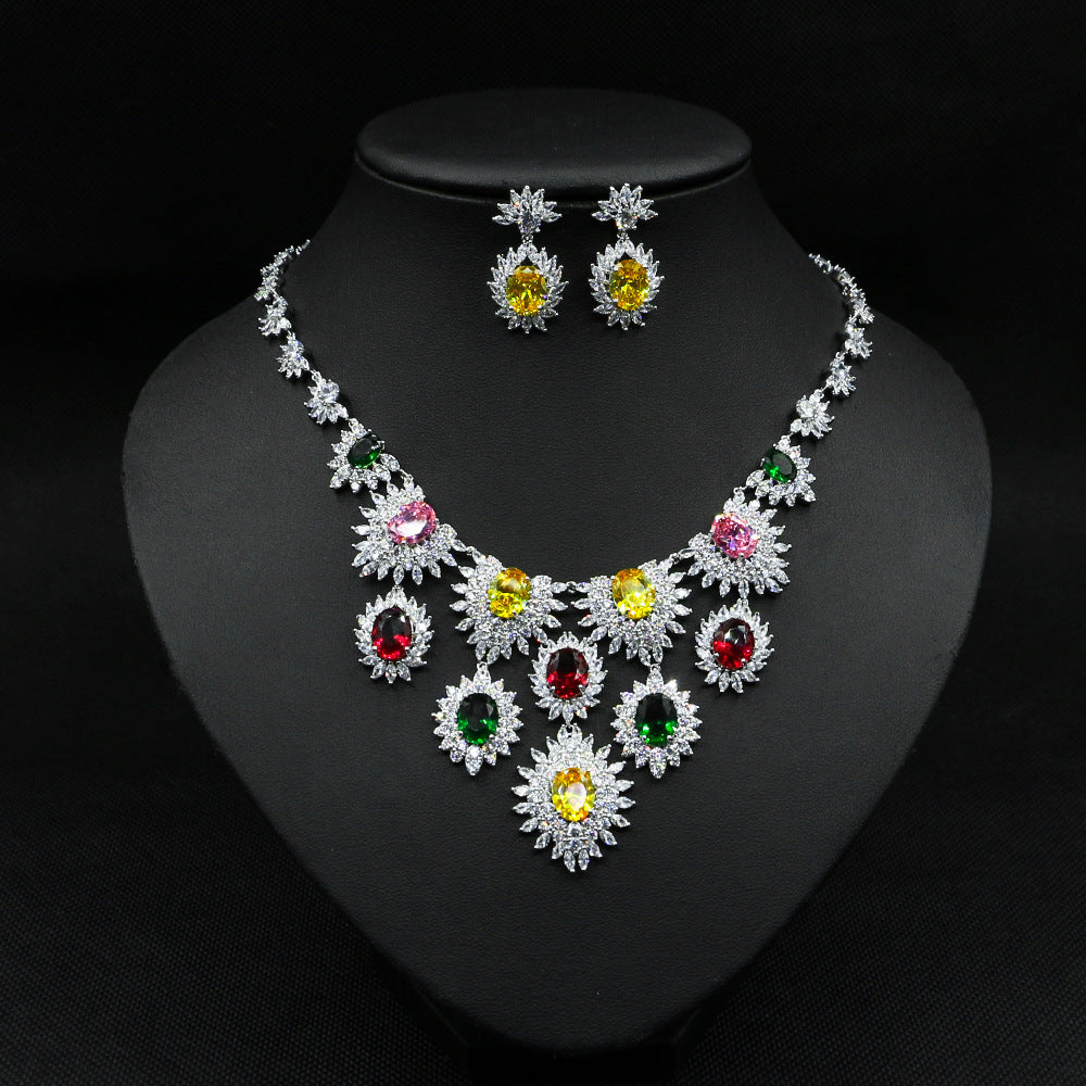 Jewelry Colorful Zircon Earrings Necklace Set Bridal Wedding Jewelry Accessories