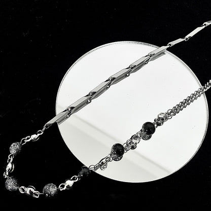 Male Black And White Ice Crack Beads Stitching Titanium Steel Necklace