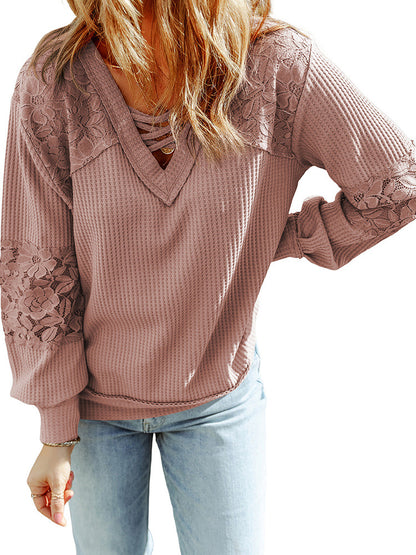 Women's Lace Waffle Long-sleeved Top S.W.