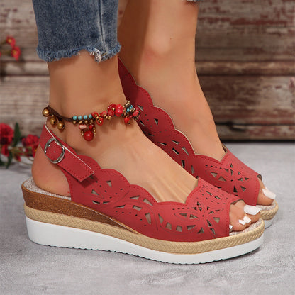 New Fish-mouth Wedge Sandals Summer Thick-soled Hollow Buckle Roman Shoes For Women