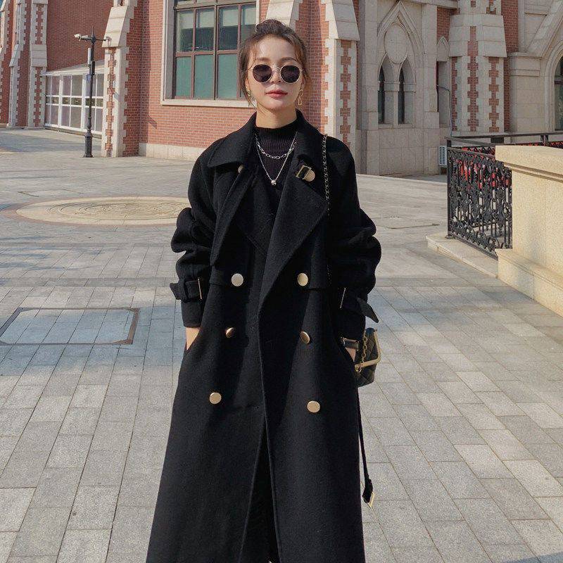 Women's Black Woolen Mid-length coat S.W.