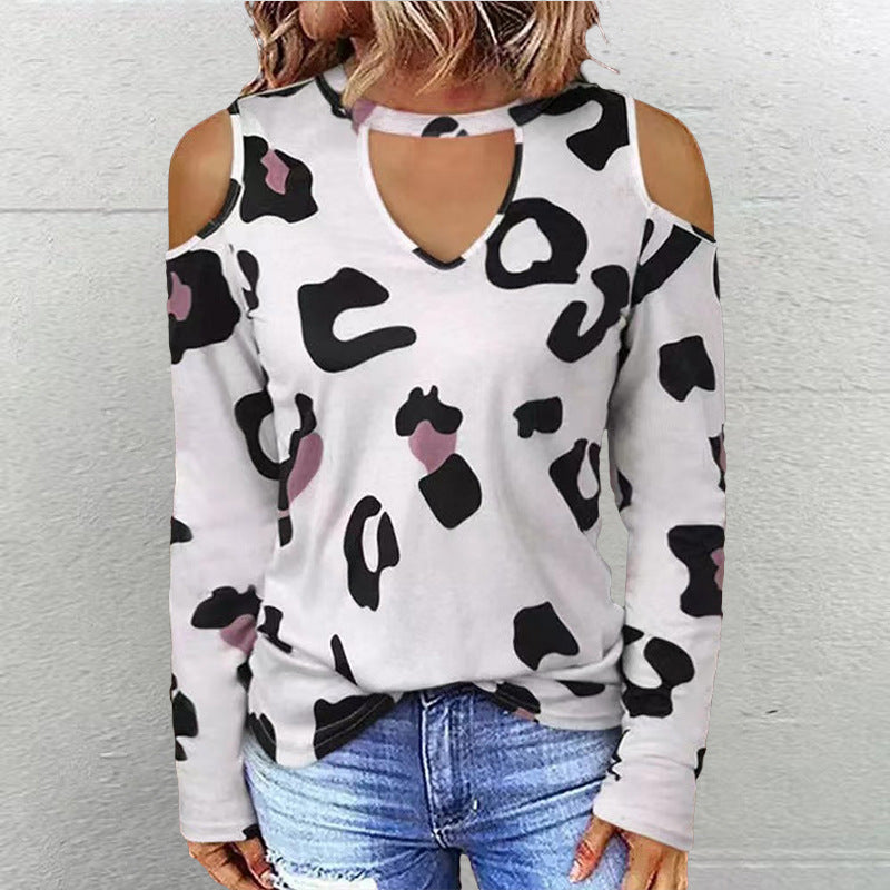 Women's Fashion Casual Printing Off-shoulder Loose Long-sleeved T-shirt S.W.