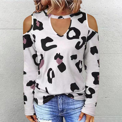 Women's Fashion Casual Printing Off-shoulder Loose Long-sleeved T-shirt S.W.