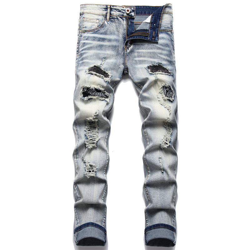 Men Biker Jeans Paisley Print Patch Casual Pants