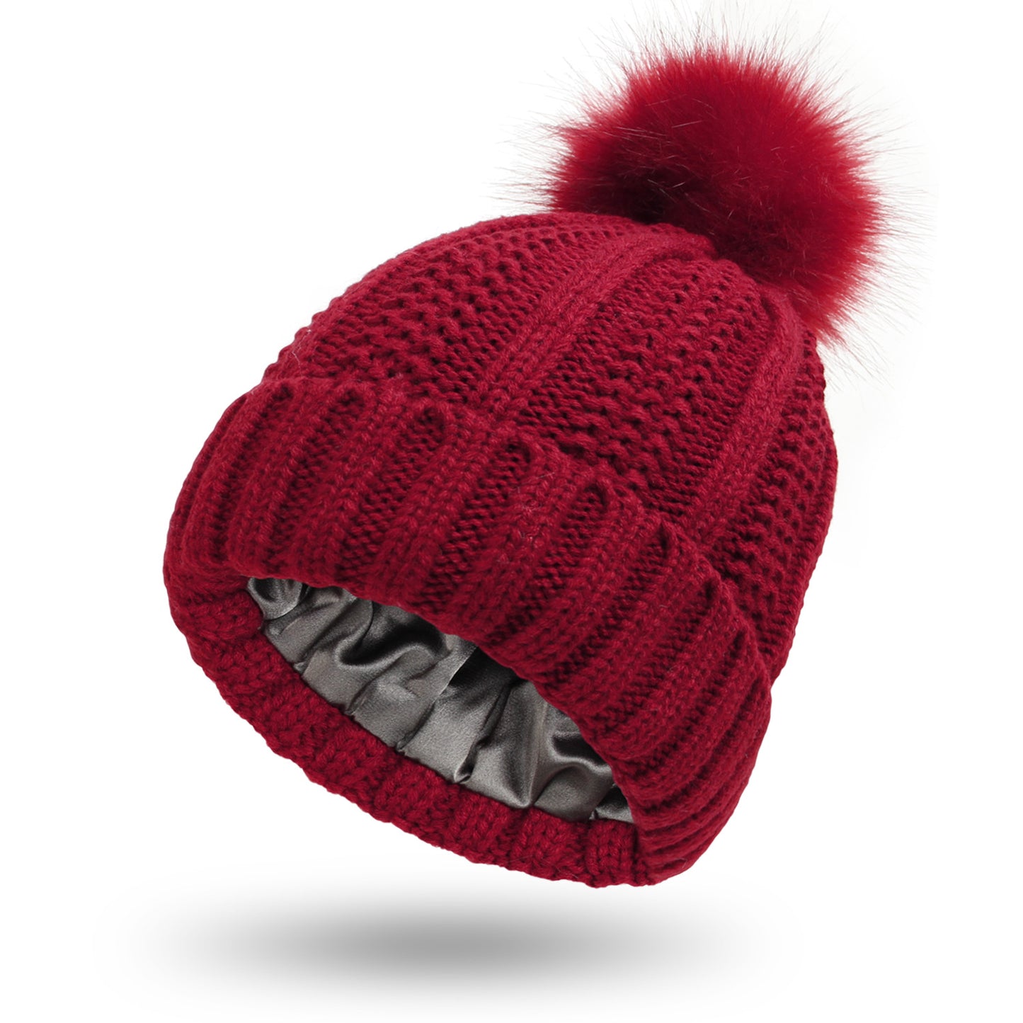 S.H. (Satin inside) Skull Knit Hats Beanie Hat For Women Faux Fur Pom Pom Winter Beanie