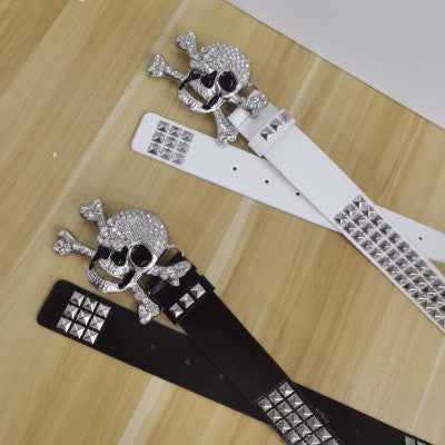 S.M. Belt With Rhinestone Skull Decoration Studded Metal