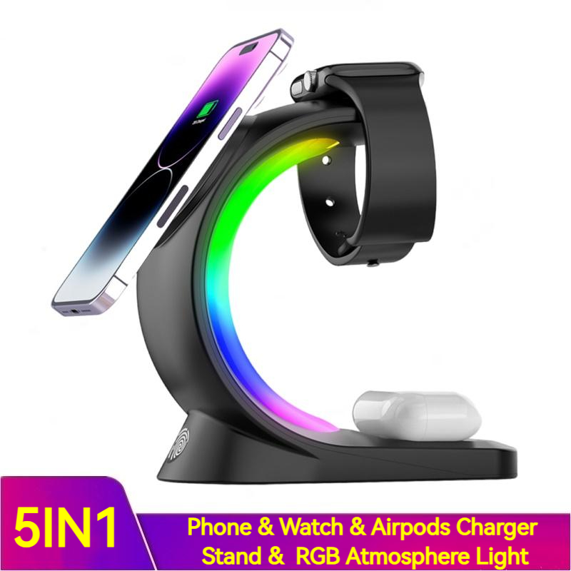 a phone and watch stand with a rainbow light