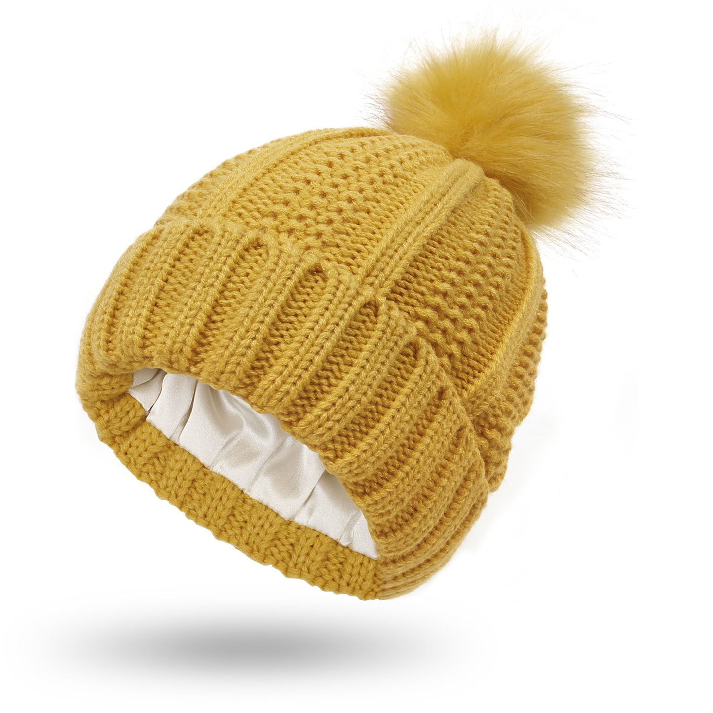 S.H. (Satin inside) Skull Knit Hats Beanie Hat For Women Faux Fur Pom Pom Winter Beanie