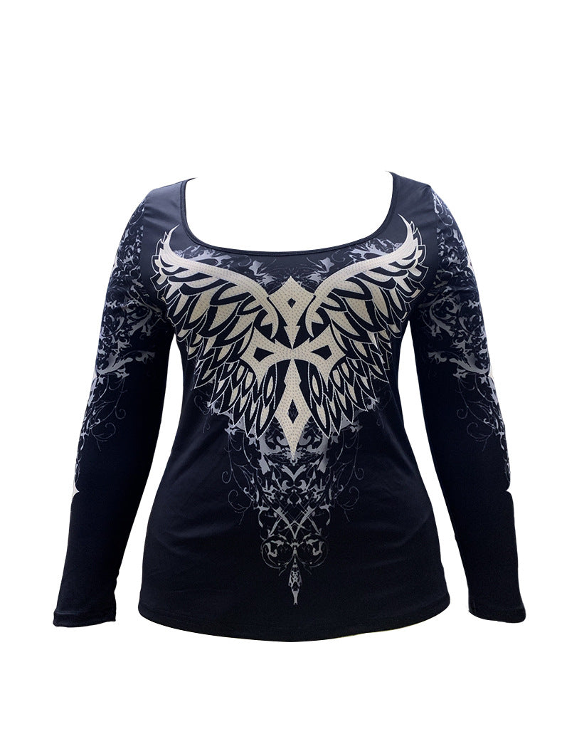 S.W. Women's Fashionable Temperament Flying Wings Printing Long Sleeve Square-neck Top