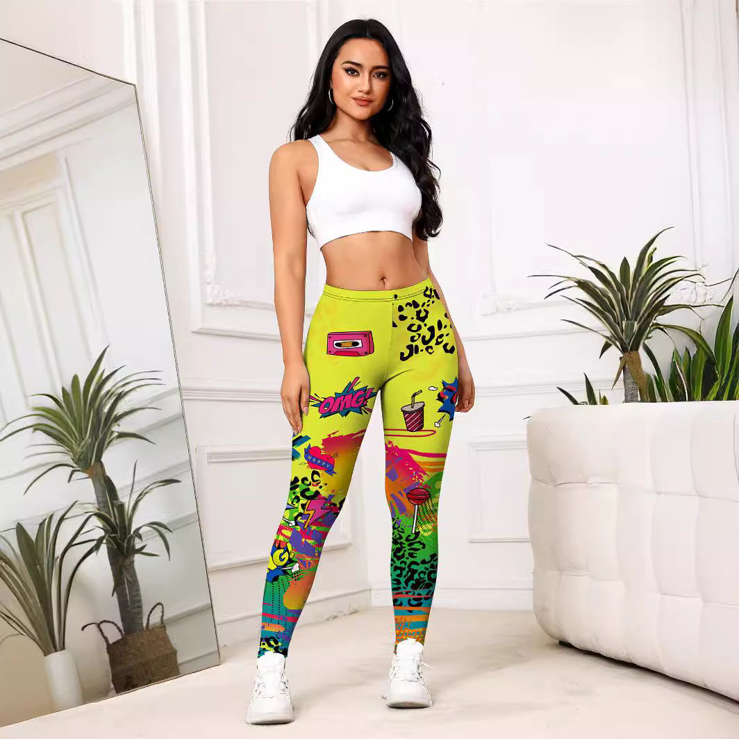 S.W. Yellow Cartoon Printed Sports Slim-fitting Leggings