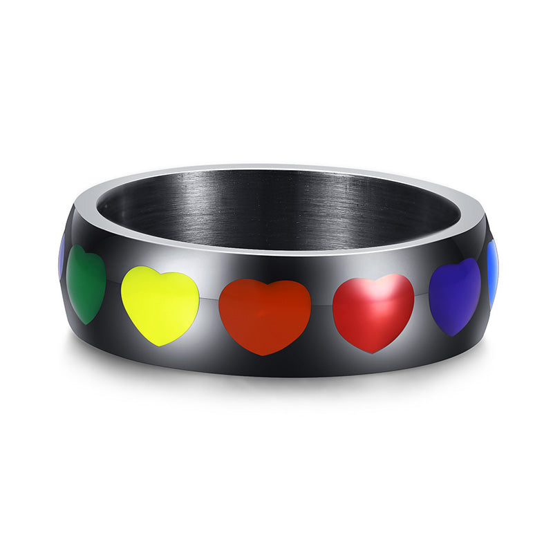 Epoxy Heart Ring Rainbow Ring Titanium Steel Epoxy Heart Ring Stainless Steel Ring