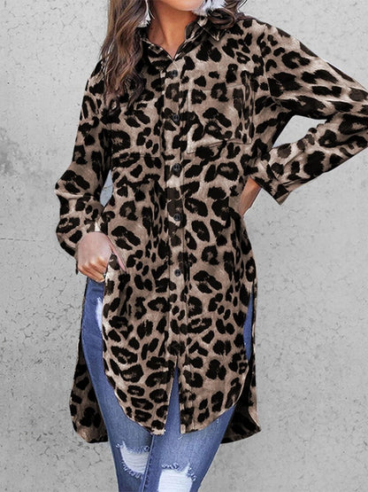 Leopard Print Split Shirt Women