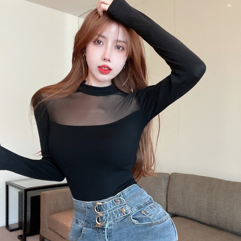 S.W. Black Semi-turtleneck Blouse With Long Sleeves