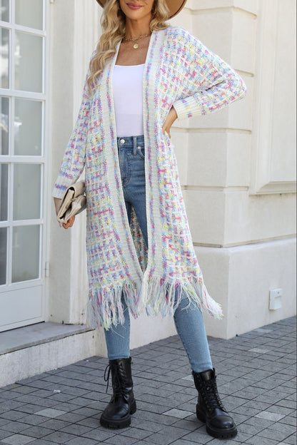 S.W.  Multicolored Open Front Fringe Hem Cardigan