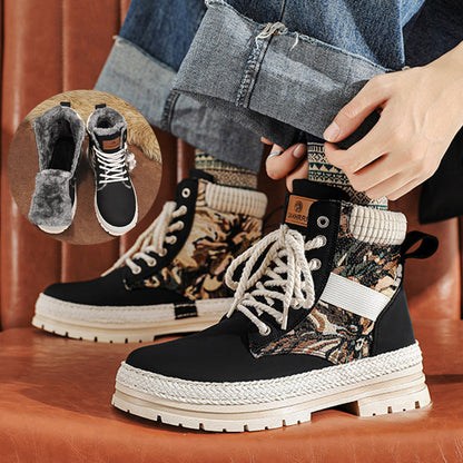 Men's Print Boots Autumn And Winter High-top British Style Comfy Breathable Casual Flat Shoes Outdoor Walking Running Boots