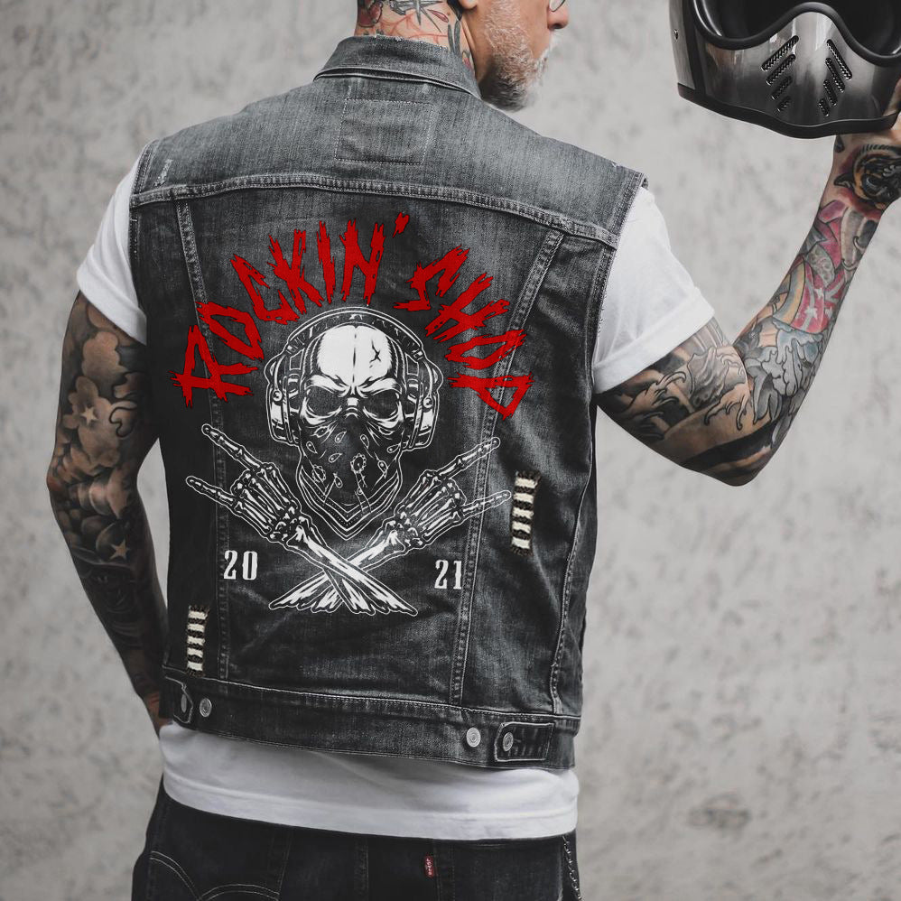 S.M.  Punk Skull Bones Denim Locomotive Turn-down Collar vest