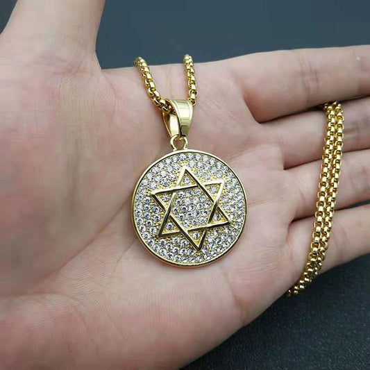 Stainless Steel Hip Hop Six Star Pendant Necklace Religious Jewelry