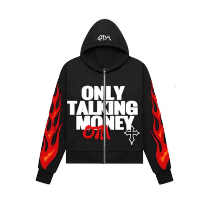 Flame Letter Print Casual Hoodie Street Hip-hop Cardigan Zipper Coat Men And Women