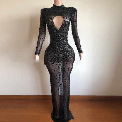 S.W. Full-Drilled Mesh Perspective Hollow Long Sleeve dress