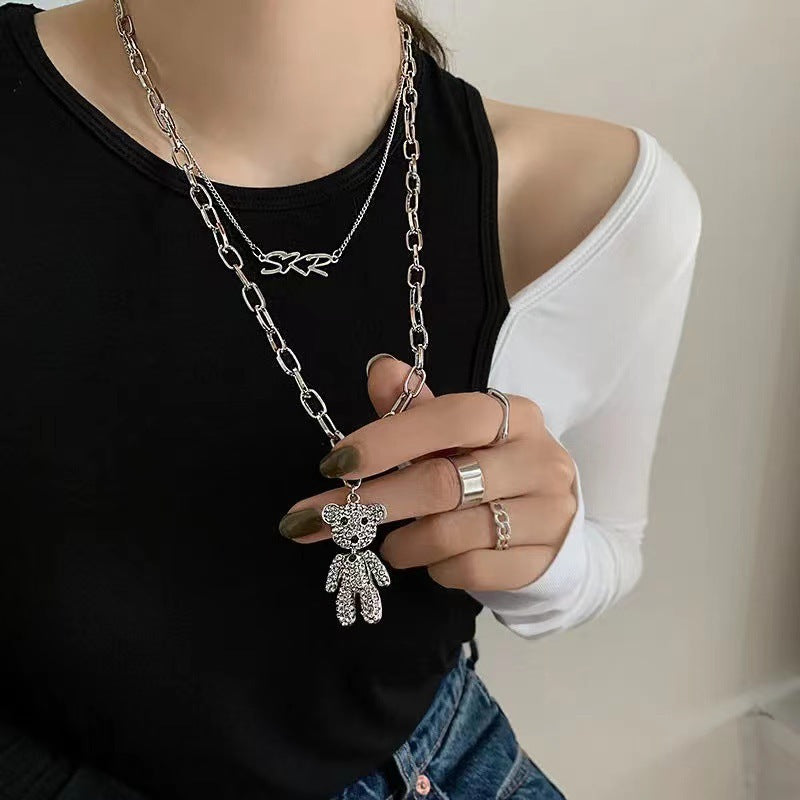 Women's Double Layer Bear Pendant Sweater Chain