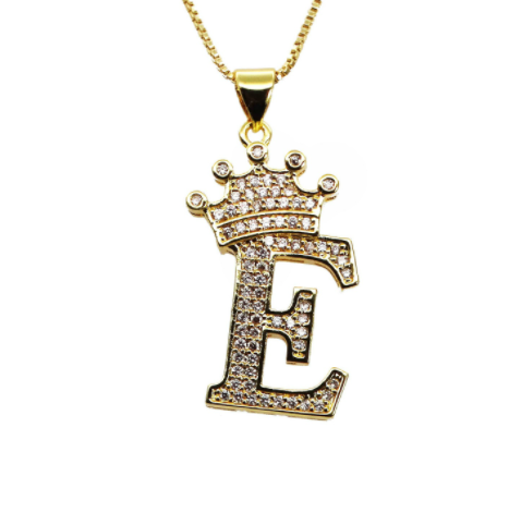 F.J.C. Crown Letter Pendants inlayed with Zirconia with necklace