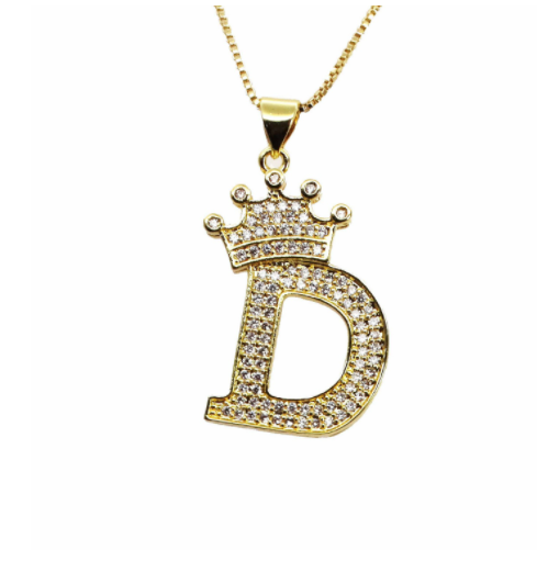 F.J.C. Crown Letter Pendants inlayed with Zirconia with necklace