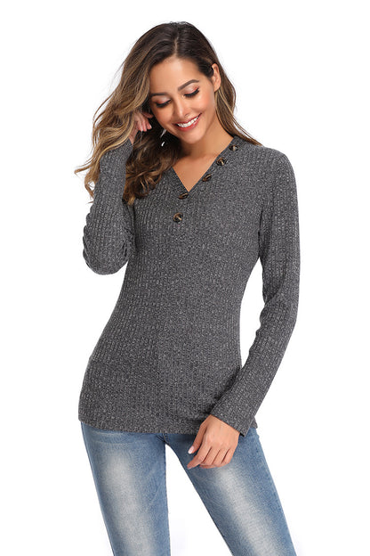 S.W. Women's V-neck Button  Long-sleeved Slim fitting Sweater