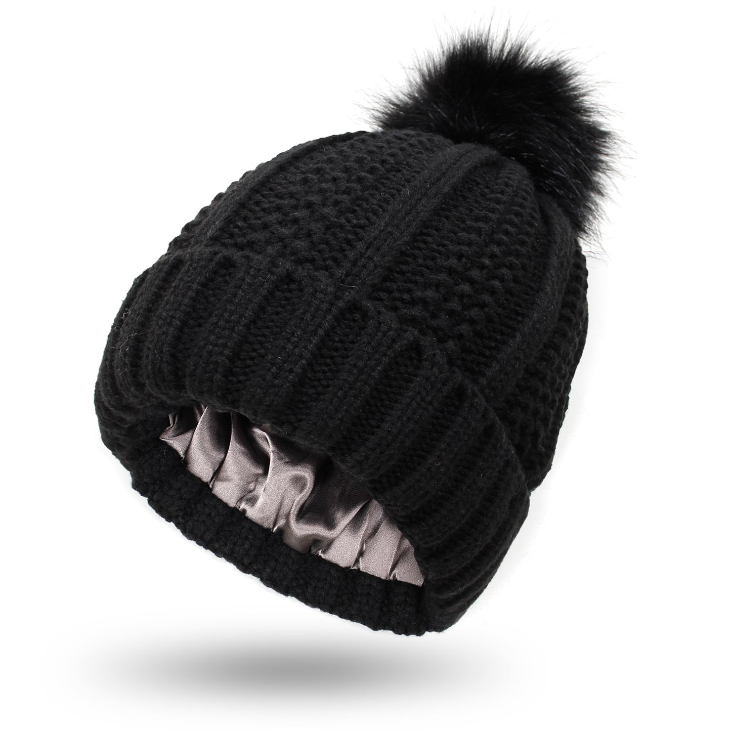 S.H. (Satin inside) Skull Knit Hats Beanie Hat For Women Faux Fur Pom Pom Winter Beanie