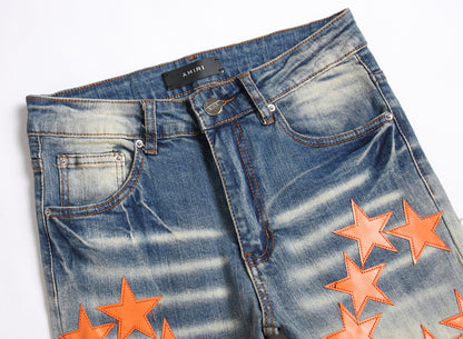 S.M.  High Street New Ripped Orange Patch Stretch material Jeans