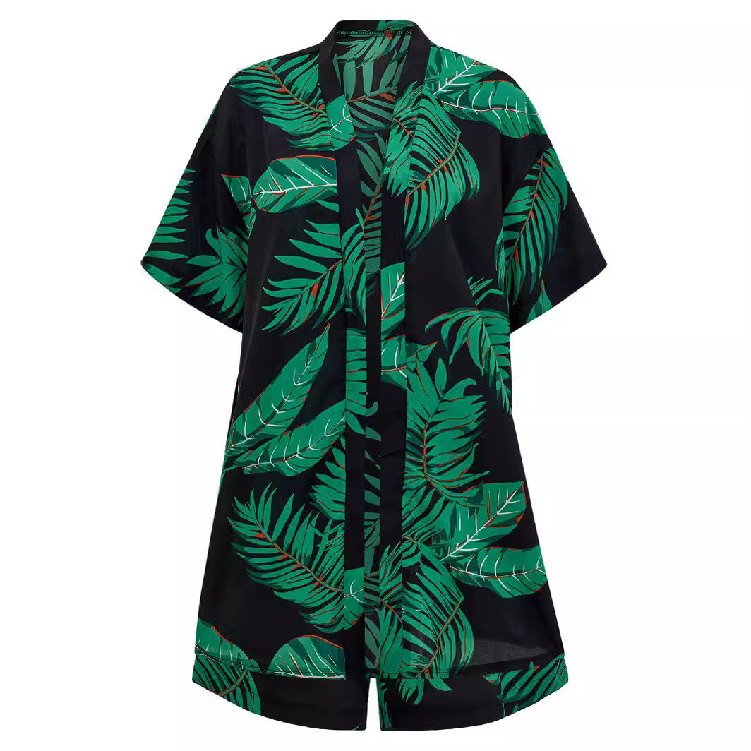 S.W. 2pcs Casual  Leaves Print Suit Summer Short Sleeve Shirt Top And Drawstring Shorts Sets For Women