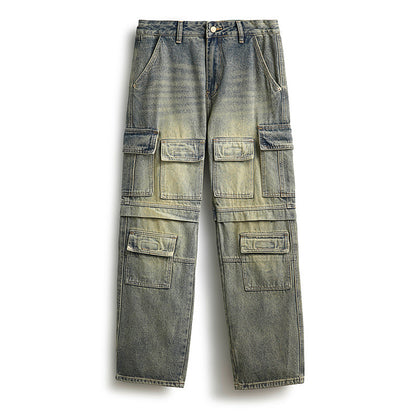 S.M. Washed Worn Jeans Men's Multi-pocket Loose Trousers