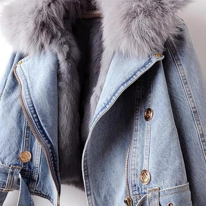 F.J.C.  S.W.  WOMEN'S Detachable Fox Fur Rabbit Fur Liner Denim Coat