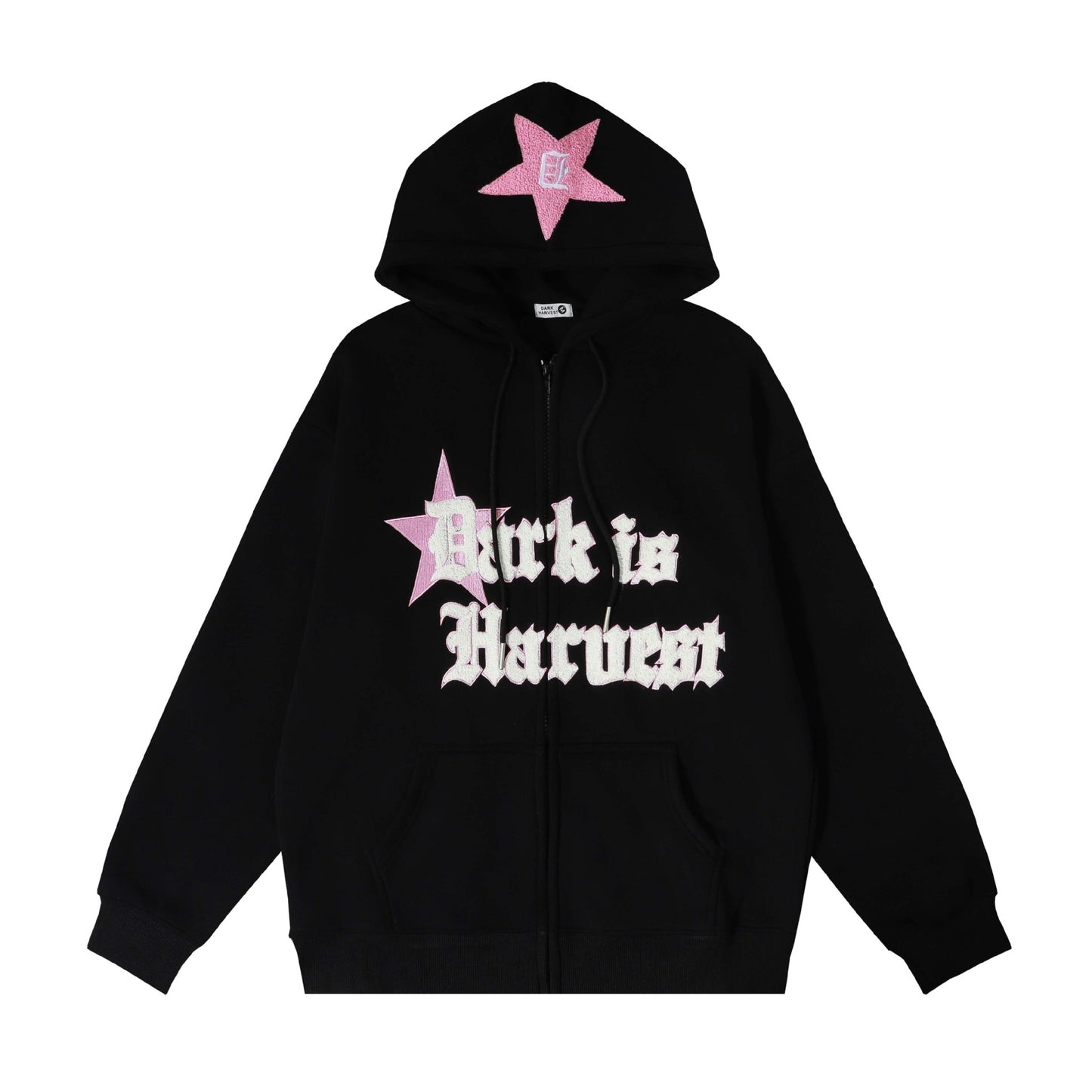 a black hoodie with pink stars on it