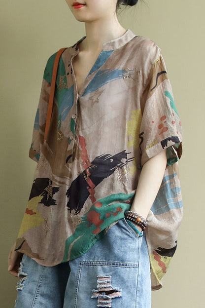 Vintage Printed Shirt Women\'s Middle Sleeve Large Shirt Summer