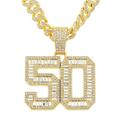 Mens Fashion Full Diamond Number 50 Pendant Necklace