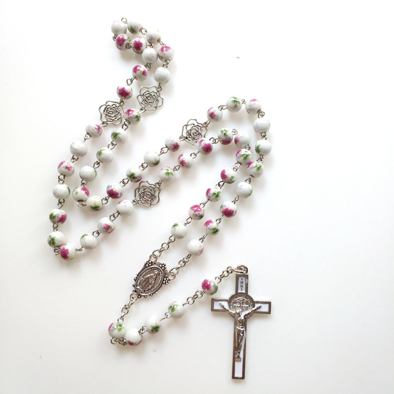 Ceramic Rose Hollow Rosary Beads Drop Oil Cross Pendant Trend Long Bead Chain Men's And Women's Necklaces Wholesale