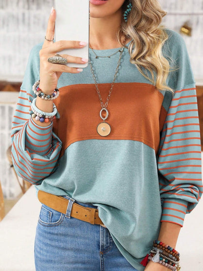 S.W.  Round Neck Striped Long Sleeve Slit T-Shirt