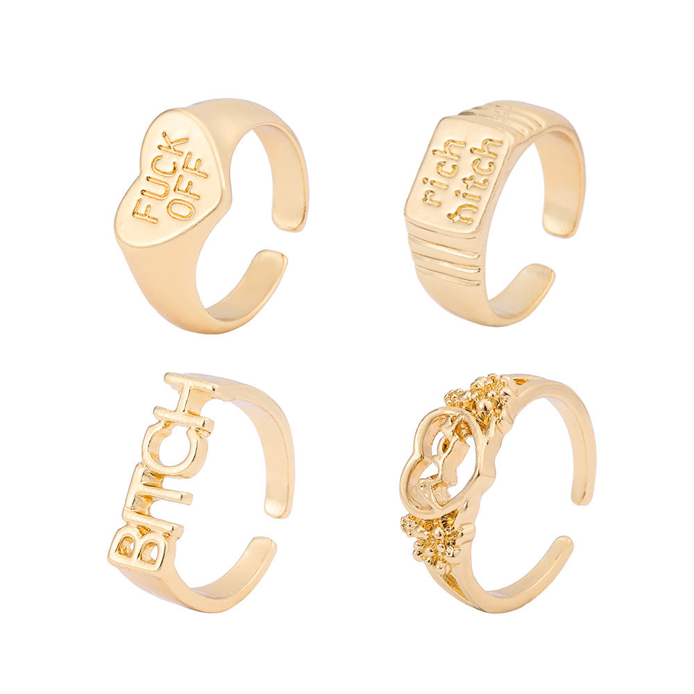 Shaped Rings Vintage Alloy Letter Cutout Heart Rings Set Of Four