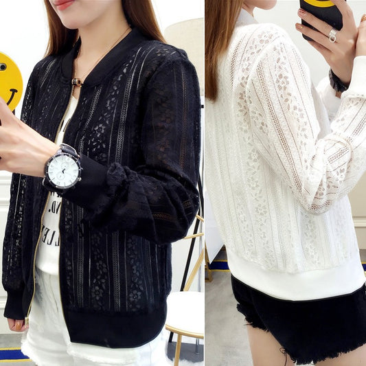 New Summer Long Sleeve Lace Shirt Beach Sunscreen Women"s Solid