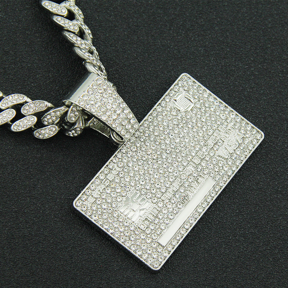 European Hip Hop Full Diamond Domineering Tag Pendant Necklace For Men Trendy Unique Street Wear Cuban Link Chain Necklace