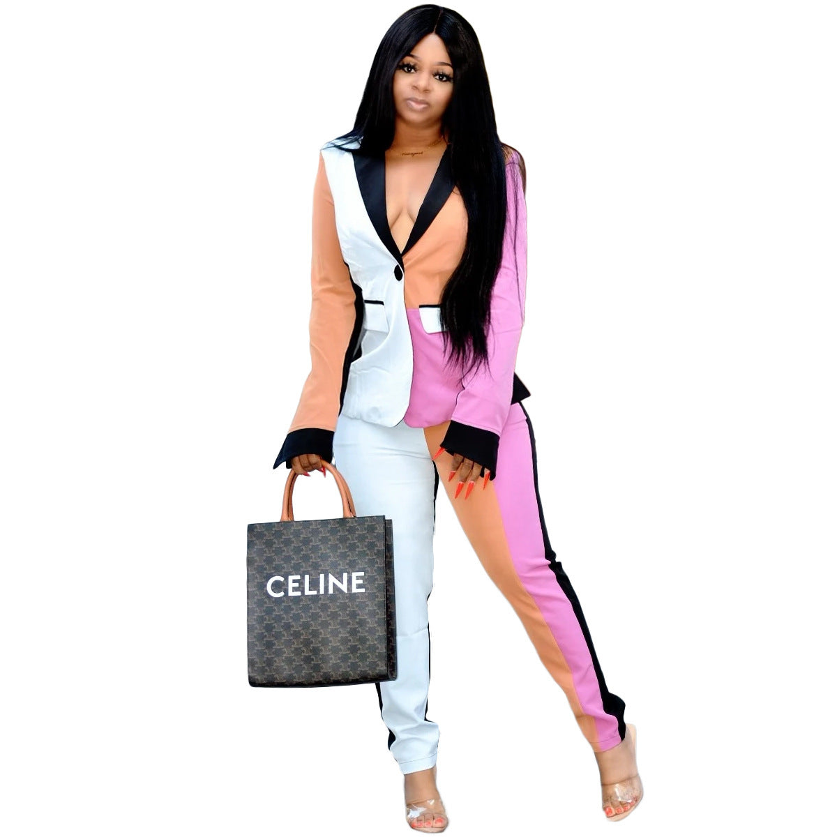 F.J.C.  S.W. Women's Color Contrast Patchwork Fashion Suit Pants&Top Two-piece Set