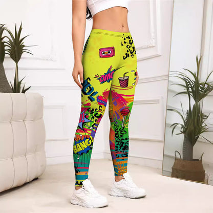 S.W. Yellow Cartoon Printed Sports Slim-fitting Leggings